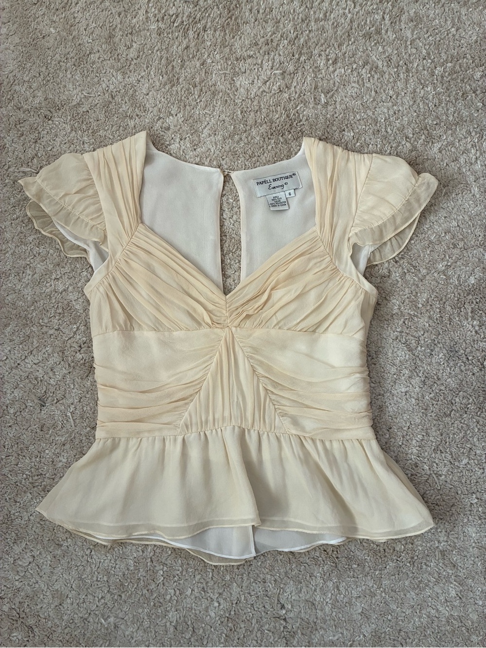 Papell Boutique Evening Silk Chiffon Peplum Top Ivory Size 6